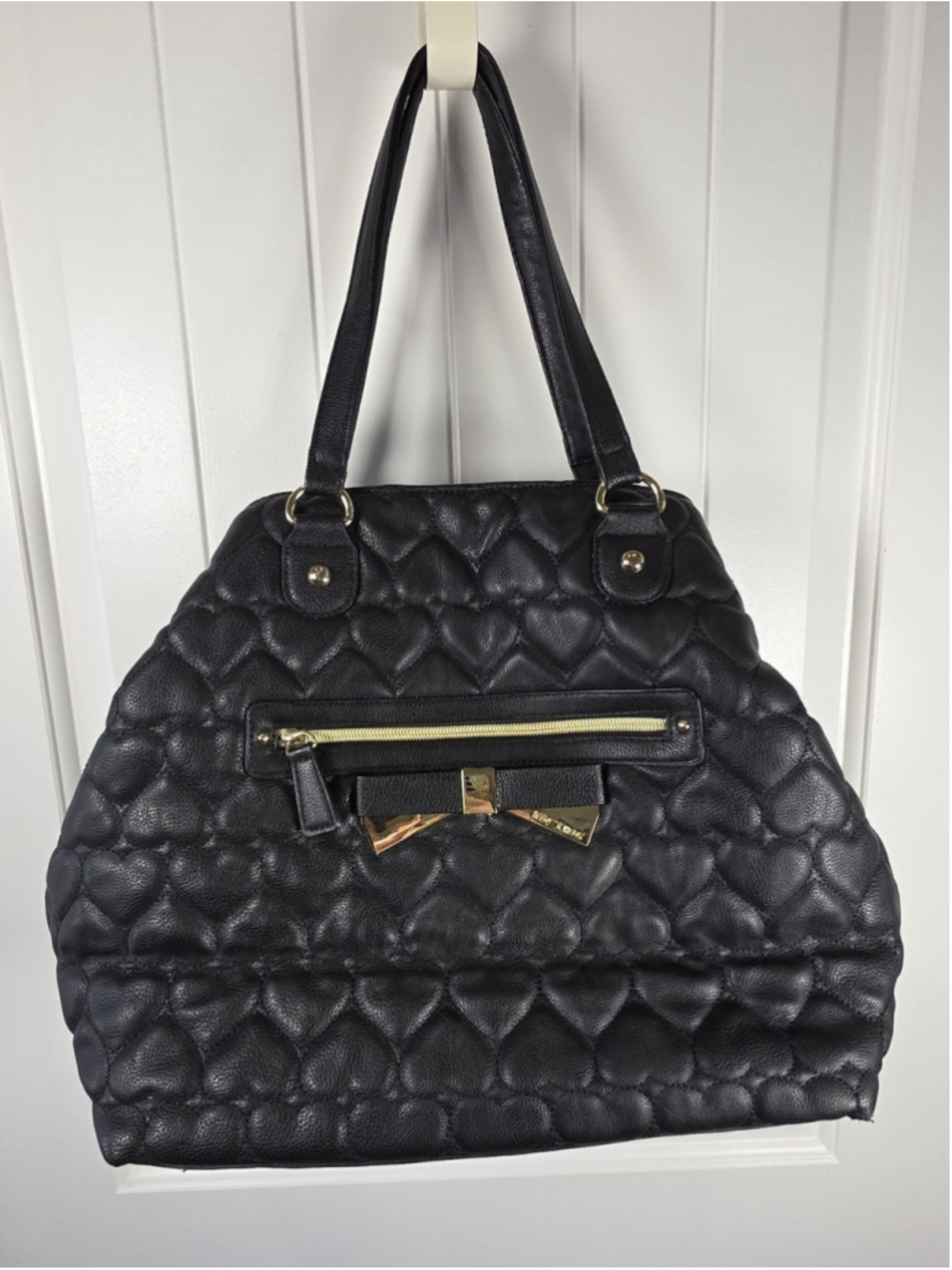 Betsey Johnson Black Heart Quilted Oversized Tote Bag Gold Bow Y2K Purse